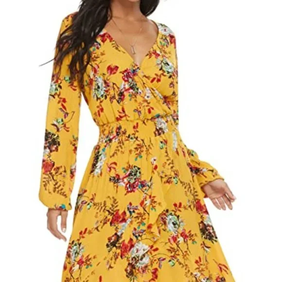 fitted lace wedding dress Women's Fall Dresses V Neck Long Sleeve Flowy Swing Casual Floral Boho Midi  Dress with Pockets main image 0